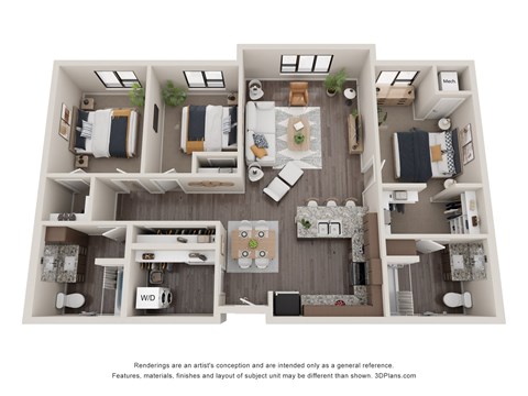 Floor plan for 3 beds, 2 baths, 1300 sqft